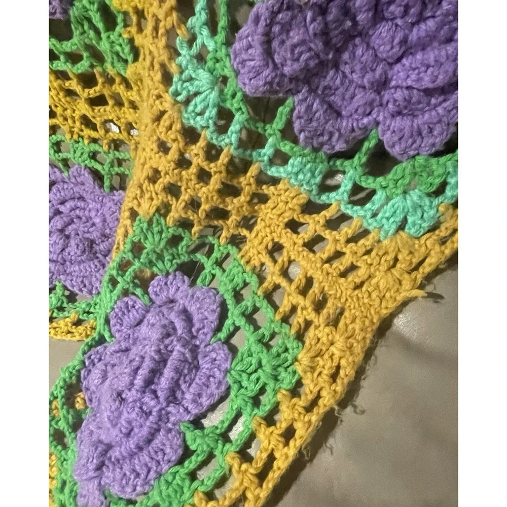 Handmade Crochet Knit Sofa Throw Granny Blanket 3D Afghan Roses Floral Cottage